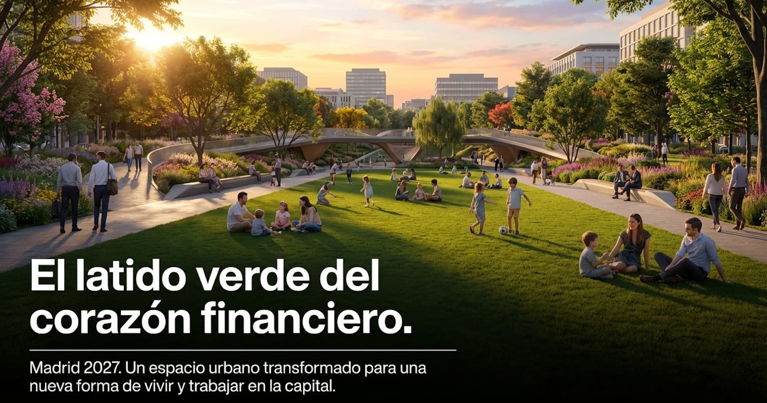 La imagen muestra una vista aérea renderizada del proyecto urbano “Nuevo AZCA”, una propuesta de renovación del distrito financiero de Madrid. En el centro destaca un gran parque circular, diseñado como pulmón verde, con abundante arbolado, senderos curvos y zonas abiertas que invitan al paseo y al descanso. Este espacio parece pensado para humanizar el entorno, priorizando al peatón frente al tráfico. Alrededor del parque se ven edificios modernos de oficinas, algunos ya existentes y otros integrados en el rediseño, junto con plazas pavimentadas, áreas ajardinadas y recorridos peatonales amplios. También se aprecian zonas con bancos, posibles espacios para eventos y una distribución más ordenada del espacio público. En conjunto, la imagen transmite una transformación del AZCA tradicional —más duro y centrado en lo financiero— hacia un entorno más sostenible, verde y accesible, combinando naturaleza, arquitectura y vida urbana.