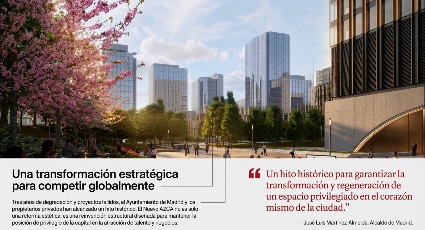 La imagen presenta la visión del Nuevo AZCA como un distrito financiero renovado: edificios modernos, espacios públicos amplios y zonas verdes con árboles en flor. Se muestra un entorno más humano y activo, con personas paseando y disfrutando del espacio. En conjunto, transmite la idea de una transformación estratégica que busca revitalizar la zona, hacerla más atractiva y reforzar su papel como centro de talento y actividad económica en Madrid.
