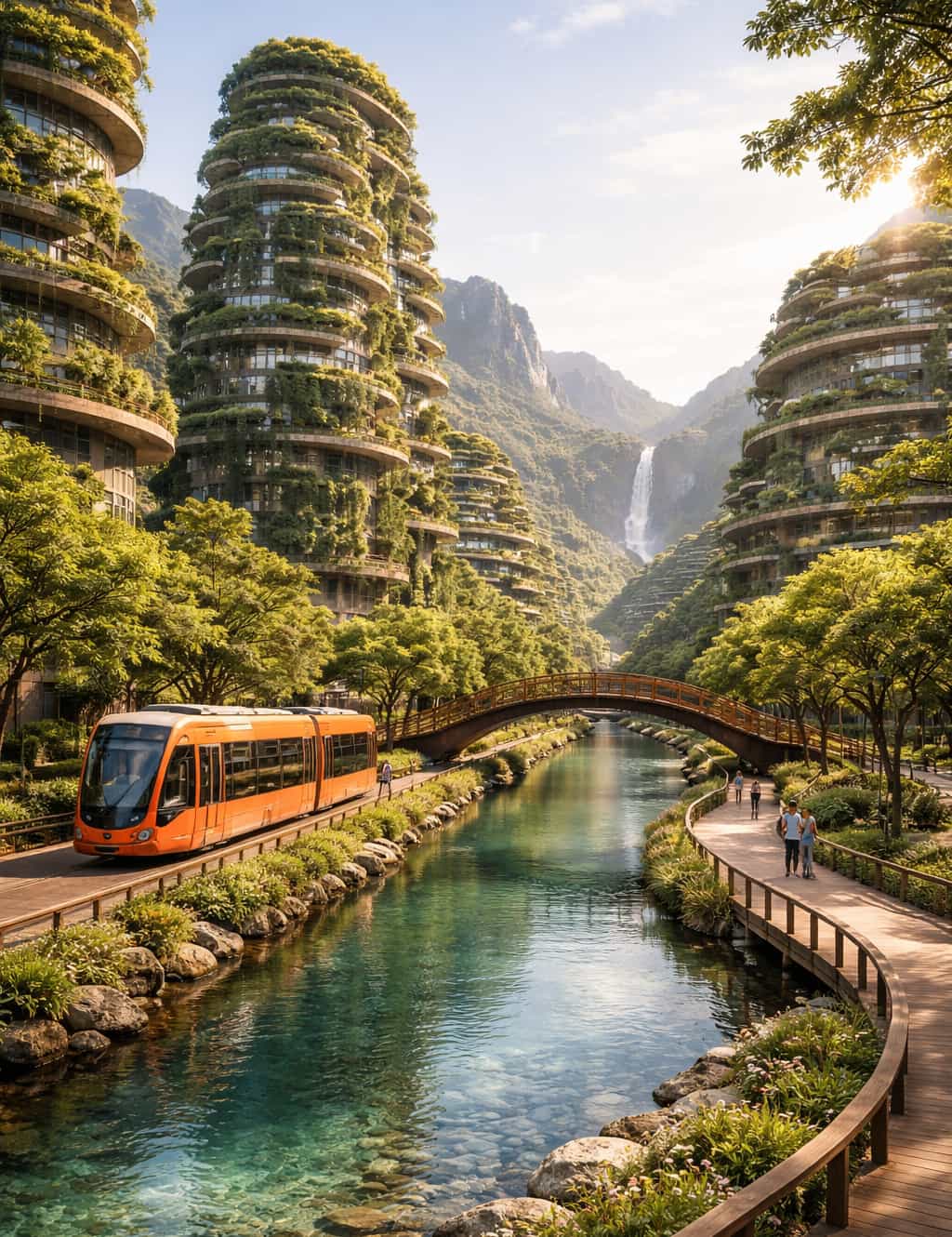 Ciudad futurista sostenible integrada en un entorno natural montañoso, con altos edificios residenciales cubiertos de vegetación y jardines verticales, arquitectura orgánica y moderna. Un canal de agua cristalina atraviesa el centro, con puentes peatonales de madera y senderos rodeados de árboles frondosos. Un tranvía naranja circula junto al agua, representando transporte público ecológico. La luz del sol entra suavemente entre las torres verdes, creando una atmósfera tranquila, utópica y armoniosa entre naturaleza y tecnología. Estilo artístico detallado, iluminación suave, tonos verdes y cálidos, ambiente limpio y sereno.