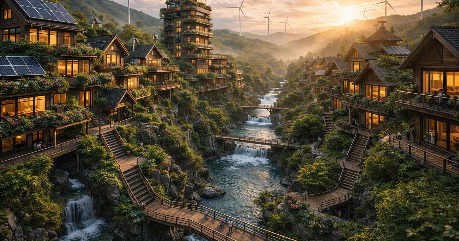 Aldea ecológica futurista estilo solarpunk construida en terrazas sobre un profundo cañón cubierto de vegetación exuberante. Un río turquesa serpentea por el valle formando múltiples cascadas naturales que caen entre rocas húmedas cubiertas de musgo y helechos. Casas de madera y vidrio de arquitectura sostenible con grandes ventanales cálidos, balcones llenos de flores silvestres y jardines colgantes, paneles solares integrados en los techos y pequeñas turbinas domésticas. Caminos y puentes de madera conectan las viviendas a distintas alturas sobre acantilados verdes.